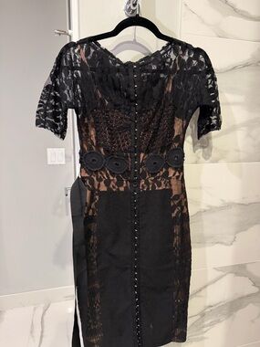 Byron Lars Black Lace Midi Dress with Crochet Waist Accents